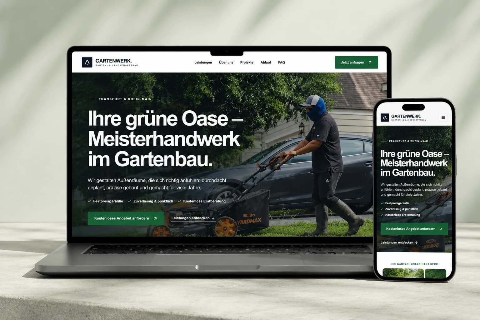 Responsive Website-Konzept für Garten- und Landschaftsbau auf Laptop und Smartphone